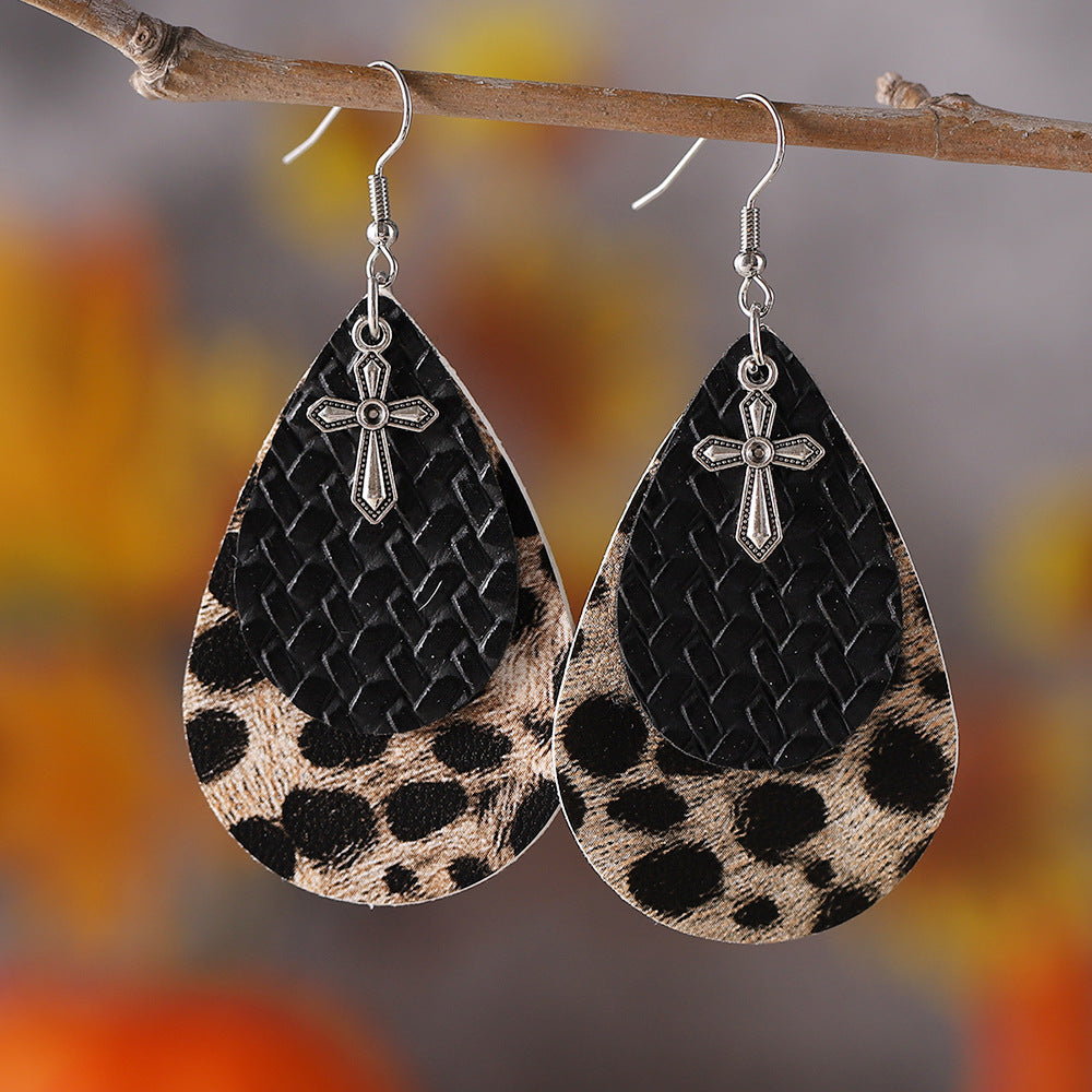 Wholesale Western style leopard print double-layer teardrop cross PU earrings
